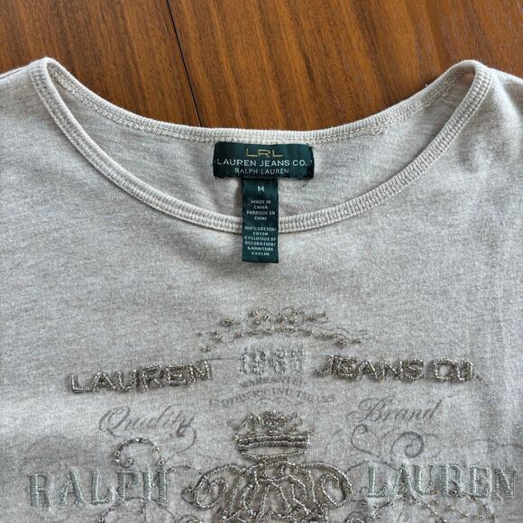 Vintage Y2K Lauren Ralph Lauren Logo Tee Beaded Long Sleeve Size M 100% Cotton - Picture 2 of 9